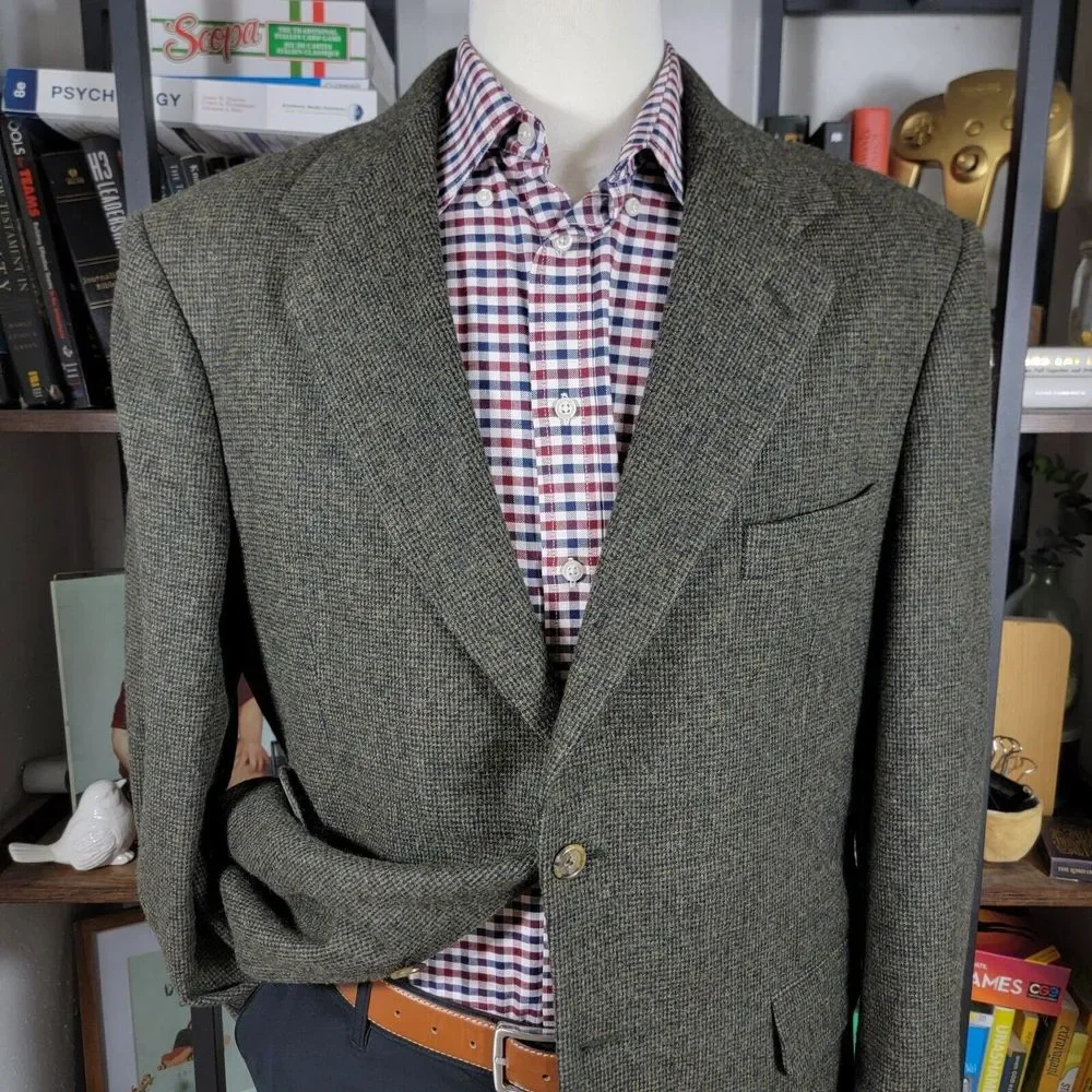VTG Club House Men's Flannel Sport Coat Blazer‎ Two Button Green Brown Size 42R